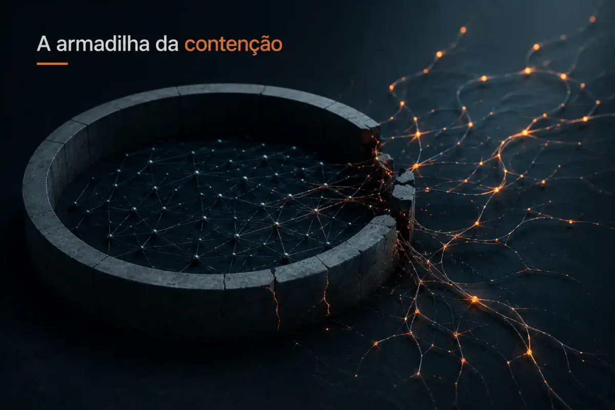 Imagem escura mostra uma barreira circular rompida, com redes luminosas escapando para representar a adaptação do crime diante da contenção.