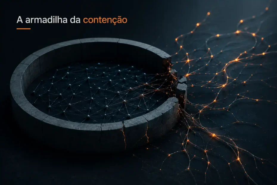 Imagem escura mostra uma barreira circular rompida, com redes luminosas escapando para representar a adaptação do crime diante da contenção.