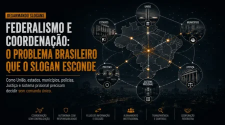 Imagem da série Desarmando Slogans sobre federalismo e coordenação na segurança pública, com mapa do Brasil conectado à União, estados, municípios, polícias, Justiça e sistema prisional.