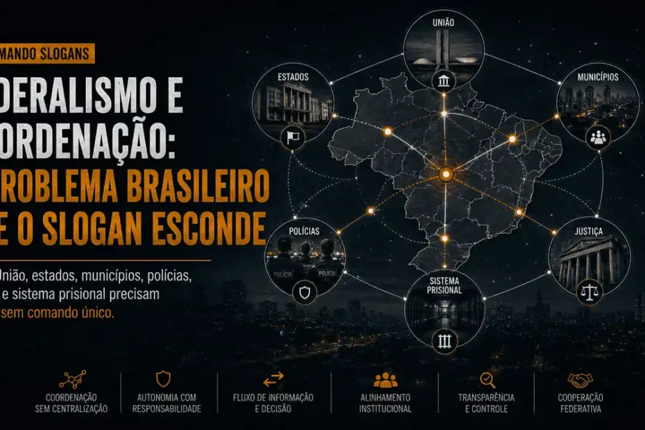 Imagem da série Desarmando Slogans sobre federalismo e coordenação na segurança pública, com mapa do Brasil conectado à União, estados, municípios, polícias, Justiça e sistema prisional.