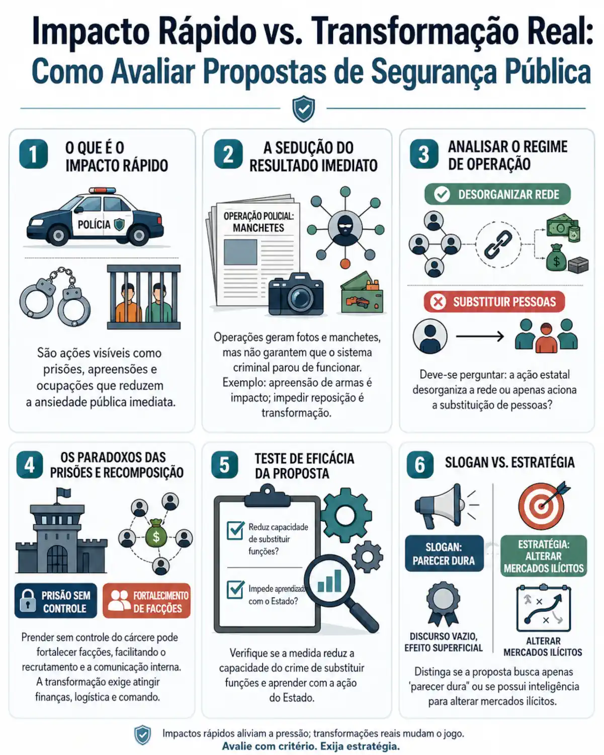 Infográfico com seis critérios para distinguir impacto rápido de transformação real em propostas de segurança pública.