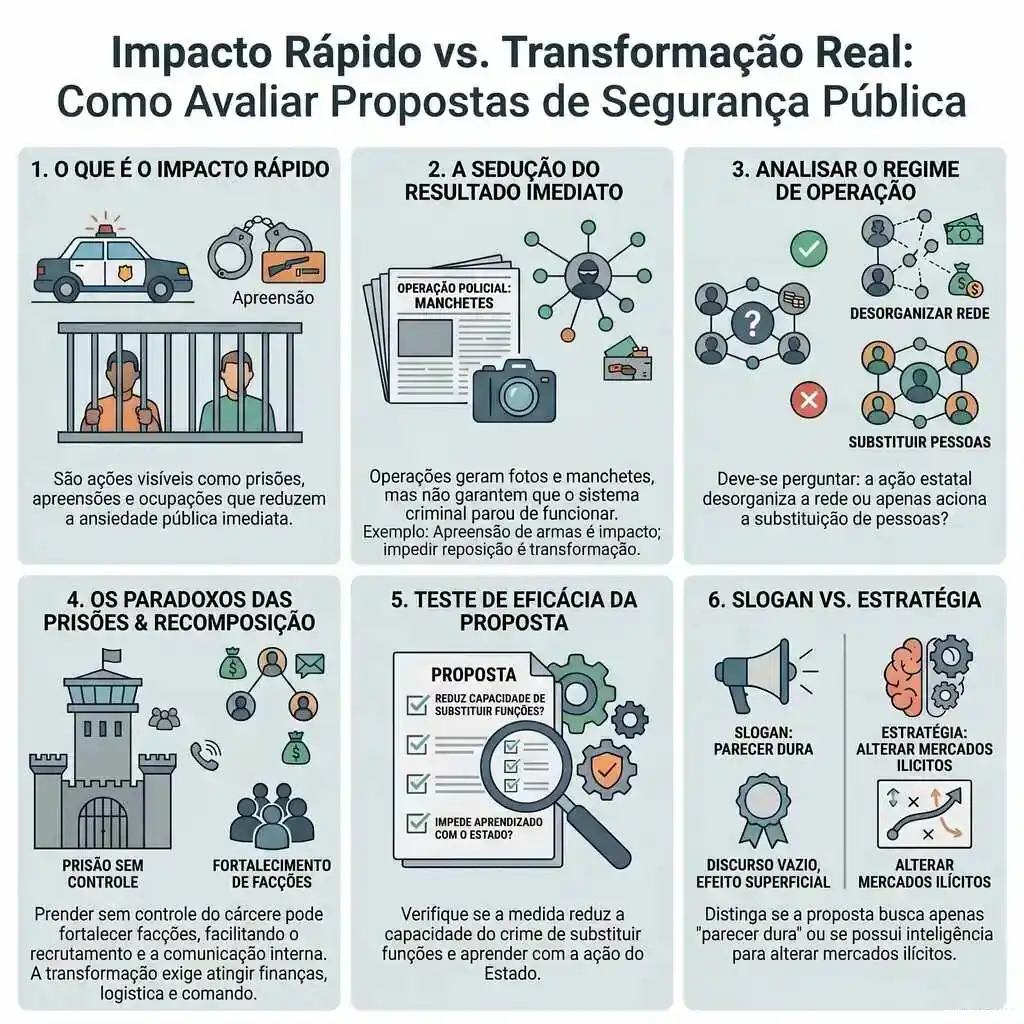 Infográfico sobre impacto rápido e transformação real na segurança pública, comparando prisões, apreensões, manchetes, regime de operação e estratégia.