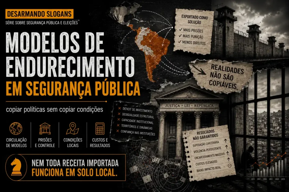 Imagem da série Desarmando Slogans sobre modelos de endurecimento em segurança pública, mostrando mapa da América Latina, prisões, Justiça e a ideia de que realidades locais não são copiáveis.