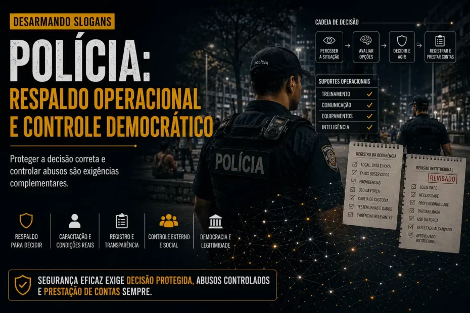 Imagem da série Desarmando Slogans sobre respaldo policial e controle democrático, com policial, câmera corporal, cadeia de decisão, registro e revisão institucional.