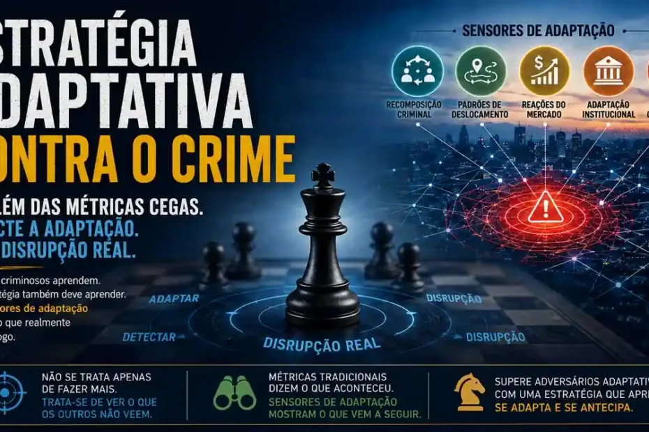 Imagem destacada sobre estratégia adaptativa contra o crime, mostrando sensores de adaptação para superar métricas cegas e gerar disrupção real em sistemas criminosos.
