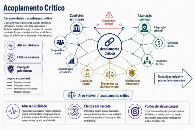 Infográfico em português sobre acoplamento crítico, mostrando condições estruturais, adaptação criminal e decisões estatais conectadas por relações sensíveis.