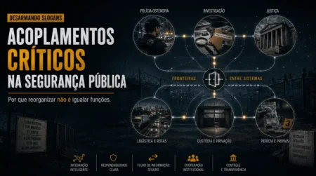 Imagem da série Desarmando Slogans sobre acoplamentos críticos na segurança pública, com fluxos entre policiamento ostensivo, investigação, justiça, custódia, perícia e logística.