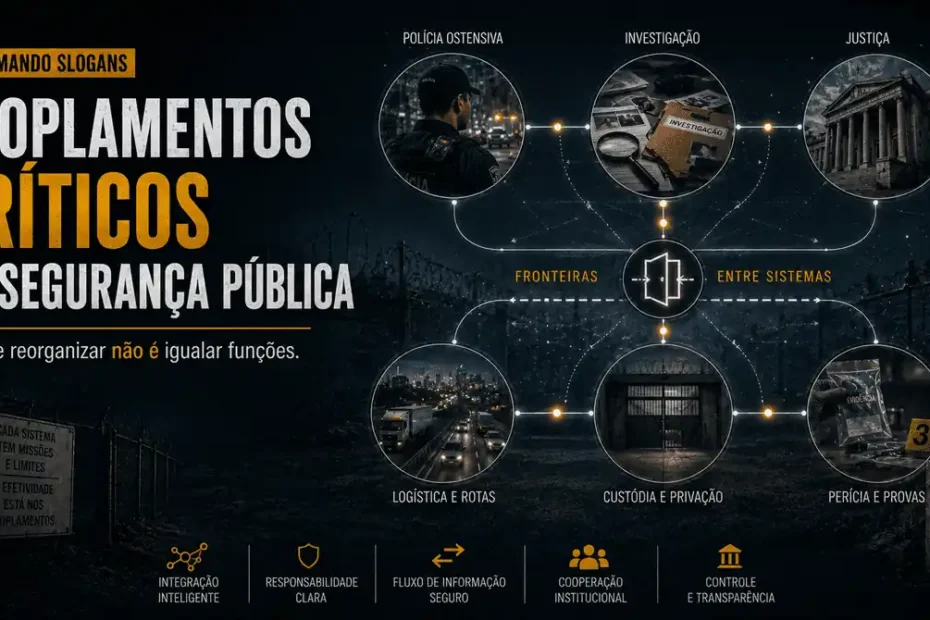 Imagem da série Desarmando Slogans sobre acoplamentos críticos na segurança pública, com fluxos entre policiamento ostensivo, investigação, justiça, custódia, perícia e logística.
