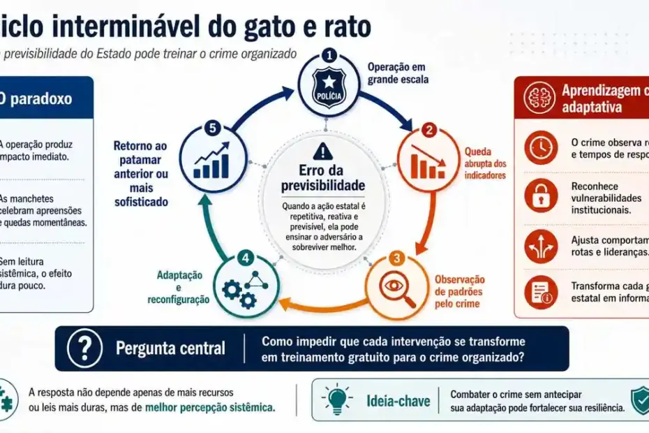 Infográfico sobre o ciclo do gato e rato na segurança pública, mostrando como operações previsíveis podem gerar adaptação criminal.