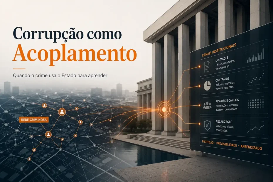 Imagem conceitual sobre corrupção como acoplamento, mostrando uma rede criminosa conectada a canais institucionais usados para obter proteção, previsibilidade e aprendizado.