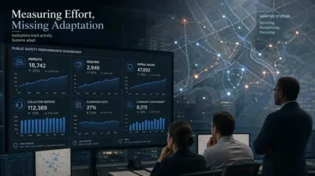 Public security analysts view a dashboard with arrests, seizures, and patrol hours while a city map shows adaptive criminal routes.