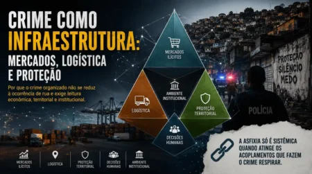 Imagem da série Desarmando Slogans sobre crime como infraestrutura, com Tetraedro, mercados ilícitos, logística, proteção territorial, decisões humanas e ação policial.