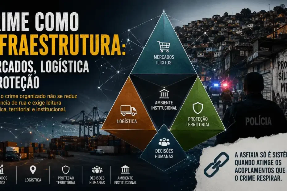 Imagem da série Desarmando Slogans sobre crime como infraestrutura, com Tetraedro, mercados ilícitos, logística, proteção territorial, decisões humanas e ação policial.