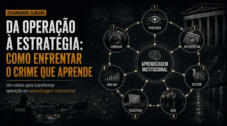 Imagem da série Desarmando Slogans sobre o ciclo de aprendizagem institucional para enfrentar o crime que aprende, da operação à estratégia.