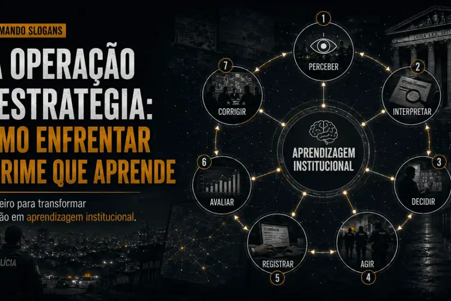 Imagem da série Desarmando Slogans sobre o ciclo de aprendizagem institucional para enfrentar o crime que aprende, da operação à estratégia.