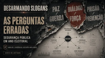Imagem da série Desarmando Slogans, com cartazes rasgados sobre paz, guerra, diálogo, força, prisão e prevenção revelando uma camada analítica sobre segurança pública em ano eleitoral.