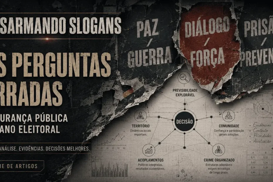 Imagem da série Desarmando Slogans, com cartazes rasgados sobre paz, guerra, diálogo, força, prisão e prevenção revelando uma camada analítica sobre segurança pública em ano eleitoral.