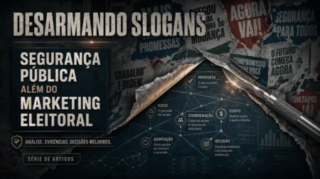 Imagem da série Desarmando Slogans, com cartazes eleitorais rasgados revelando uma camada analítica sobre segurança pública, propostas, riscos, custos, coordenação, adaptação e decisão.