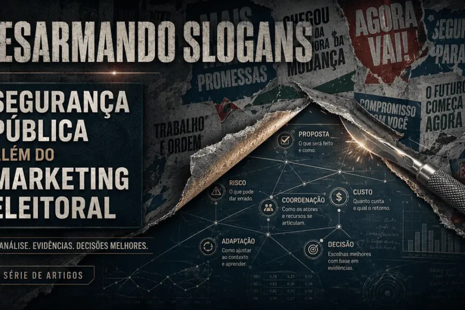 Imagem da série Desarmando Slogans, com cartazes eleitorais rasgados revelando uma camada analítica sobre segurança pública, propostas, riscos, custos, coordenação, adaptação e decisão.