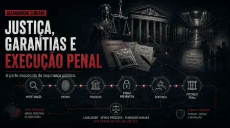 Imagem da série Desarmando Slogans sobre justiça criminal e execução penal, com símbolos de investigação, provas, processo, prisão cautelar, sentença e execução penal.