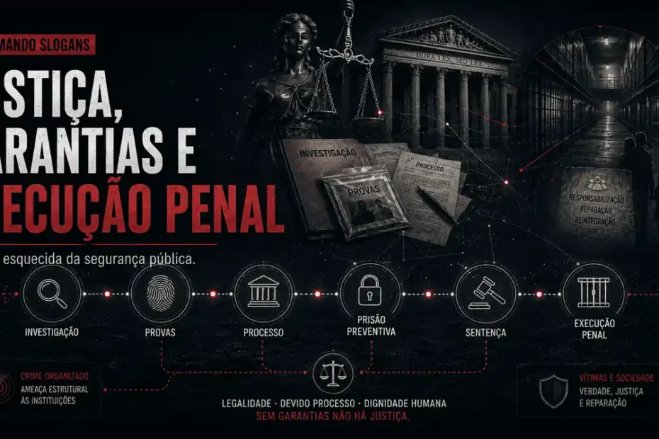 Imagem da série Desarmando Slogans sobre justiça criminal e execução penal, com símbolos de investigação, provas, processo, prisão cautelar, sentença e execução penal.