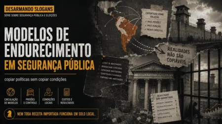 Imagem da série Desarmando Slogans sobre modelos de endurecimento em segurança pública, mostrando mapa da América Latina, prisões, Justiça e a ideia de que realidades locais não são copiáveis.