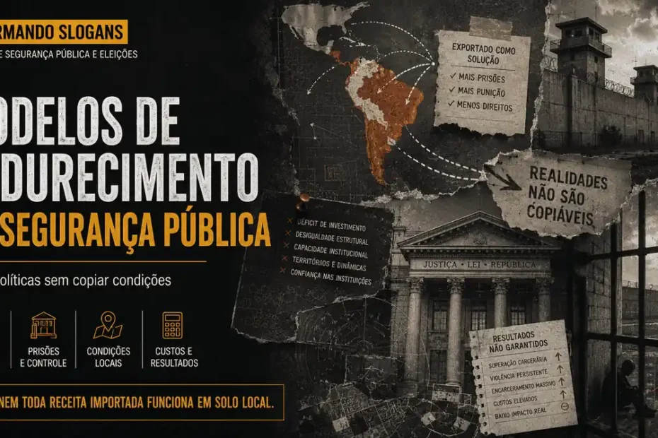 Imagem da série Desarmando Slogans sobre modelos de endurecimento em segurança pública, mostrando mapa da América Latina, prisões, Justiça e a ideia de que realidades locais não são copiáveis.