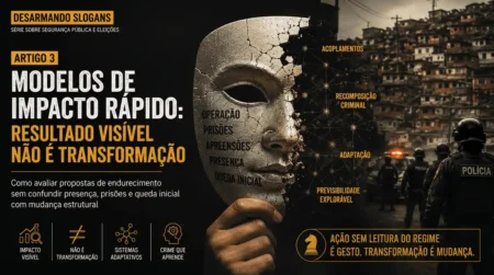Imagem da série Desarmando Slogans sobre modelos de impacto rápido em segurança pública, com operação policial, máscara fraturada, favela ao fundo e conceitos como acoplamentos, recomposição criminal e previsibilidade explorável.