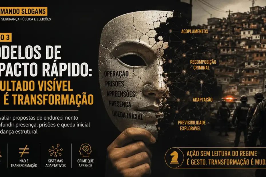Imagem da série Desarmando Slogans sobre modelos de impacto rápido em segurança pública, com operação policial, máscara fraturada, favela ao fundo e conceitos como acoplamentos, recomposição criminal e previsibilidade explorável.
