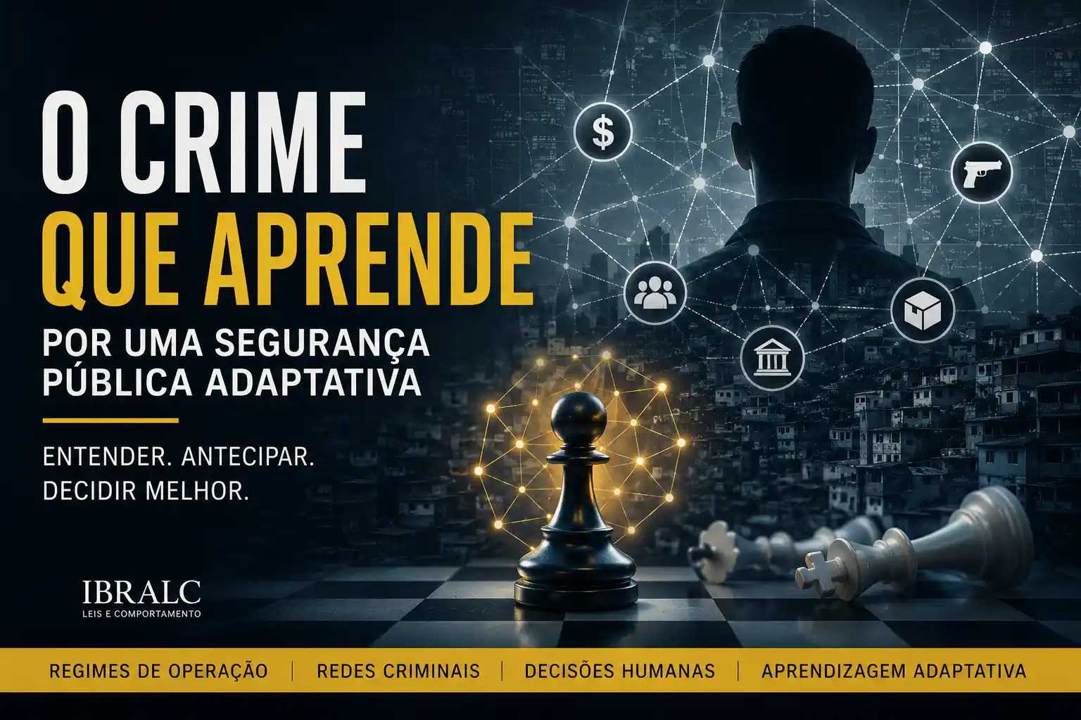 Xadrez diante de uma rede criminal representa como o crime aprende e exige segurança pública adaptativa.
