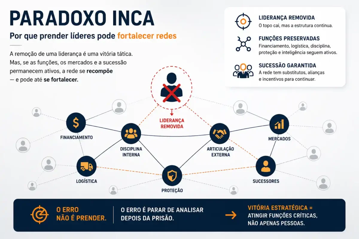 Infográfico sobre o Paradoxo Inca, mostrando que a remoção de uma liderança criminal pode preservar funções, mercados e sucessores ativos.