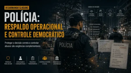 Imagem da série Desarmando Slogans sobre respaldo policial e controle democrático, com policial, câmera corporal, cadeia de decisão, registro e revisão institucional.
