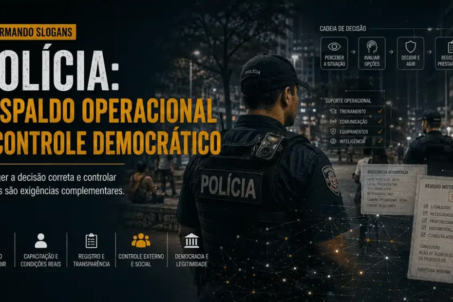 Imagem da série Desarmando Slogans sobre respaldo policial e controle democrático, com policial, câmera corporal, cadeia de decisão, registro e revisão institucional.