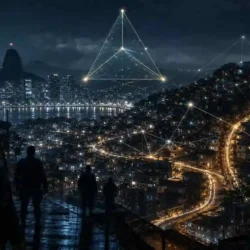 Imagem conceitual sobre segurança pública adaptativa, com cidade brasileira à noite, presença policial e redes luminosas representando adaptação criminal.