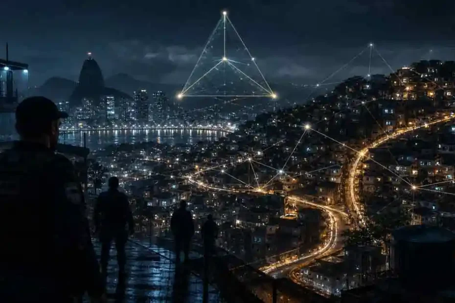 Imagem conceitual sobre segurança pública adaptativa, com cidade brasileira à noite, presença policial e redes luminosas representando adaptação criminal.