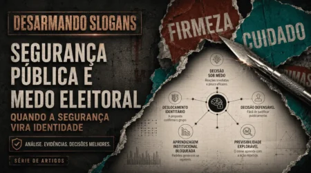 Imagem da série Desarmando Slogans sobre segurança pública e medo eleitoral, com cartazes rasgados de firmeza e cuidado revelando uma análise sobre decisão sob medo, identidade e previsibilidade explorável.