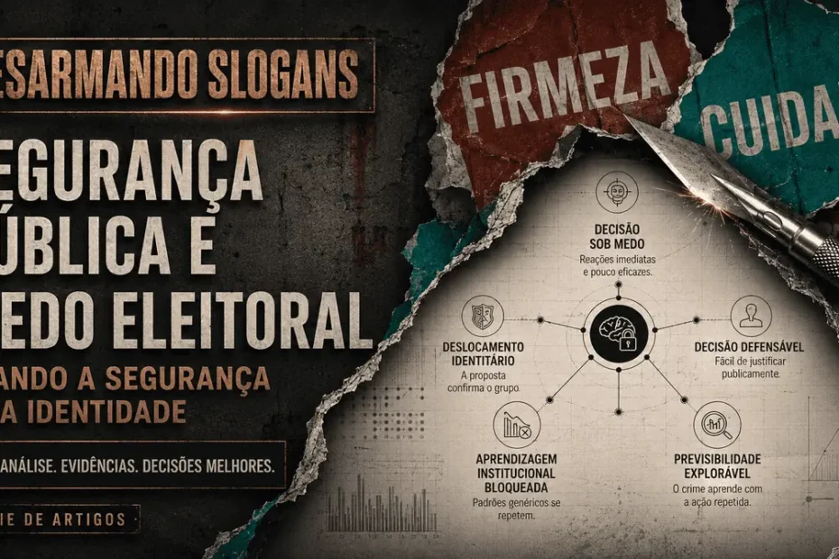 Imagem da série Desarmando Slogans sobre segurança pública e medo eleitoral, com cartazes rasgados de firmeza e cuidado revelando uma análise sobre decisão sob medo, identidade e previsibilidade explorável.