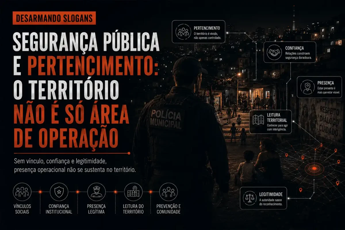 Imagem da série Desarmando Slogans sobre segurança pública e pertencimento, com policial observando uma comunidade à noite e elementos visuais sobre confiança, legitimidade, presença e leitura territorial.