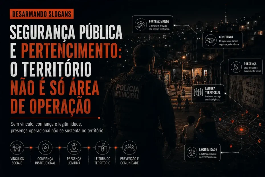 Imagem da série Desarmando Slogans sobre segurança pública e pertencimento, com policial observando uma comunidade à noite e elementos visuais sobre confiança, legitimidade, presença e leitura territorial.