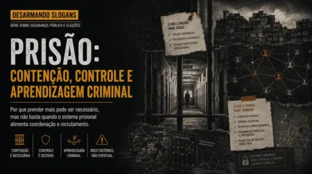 Imagem da série Desarmando Slogans sobre sistema prisional e crime organizado, com grades, favela, rede criminal e alertas sobre contenção, controle e aprendizagem criminal.