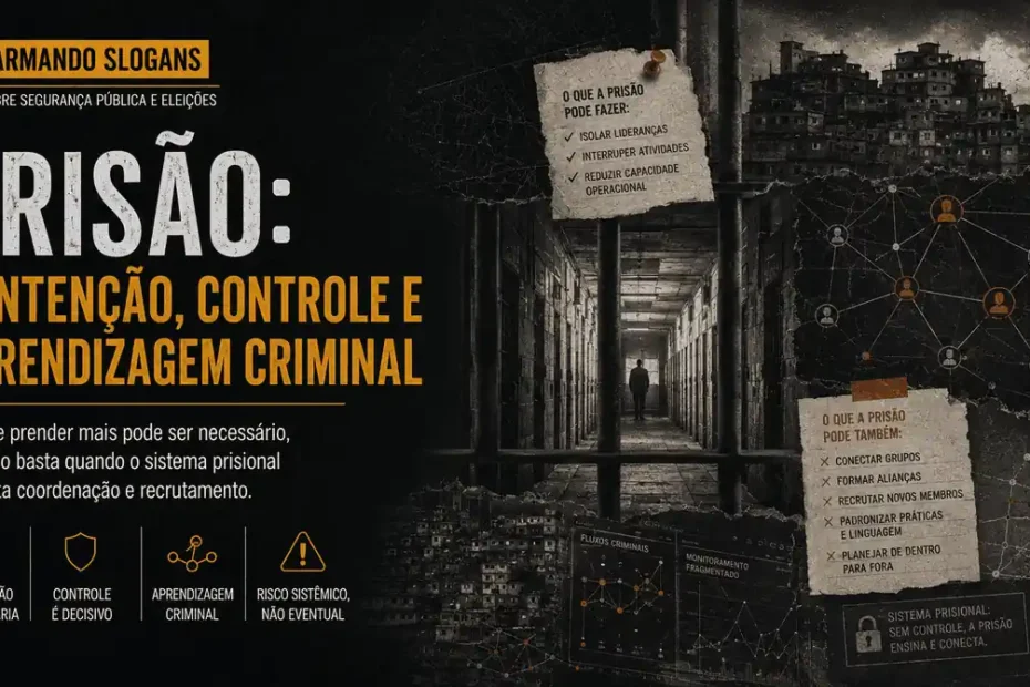 Imagem da série Desarmando Slogans sobre sistema prisional e crime organizado, com grades, favela, rede criminal e alertas sobre contenção, controle e aprendizagem criminal.