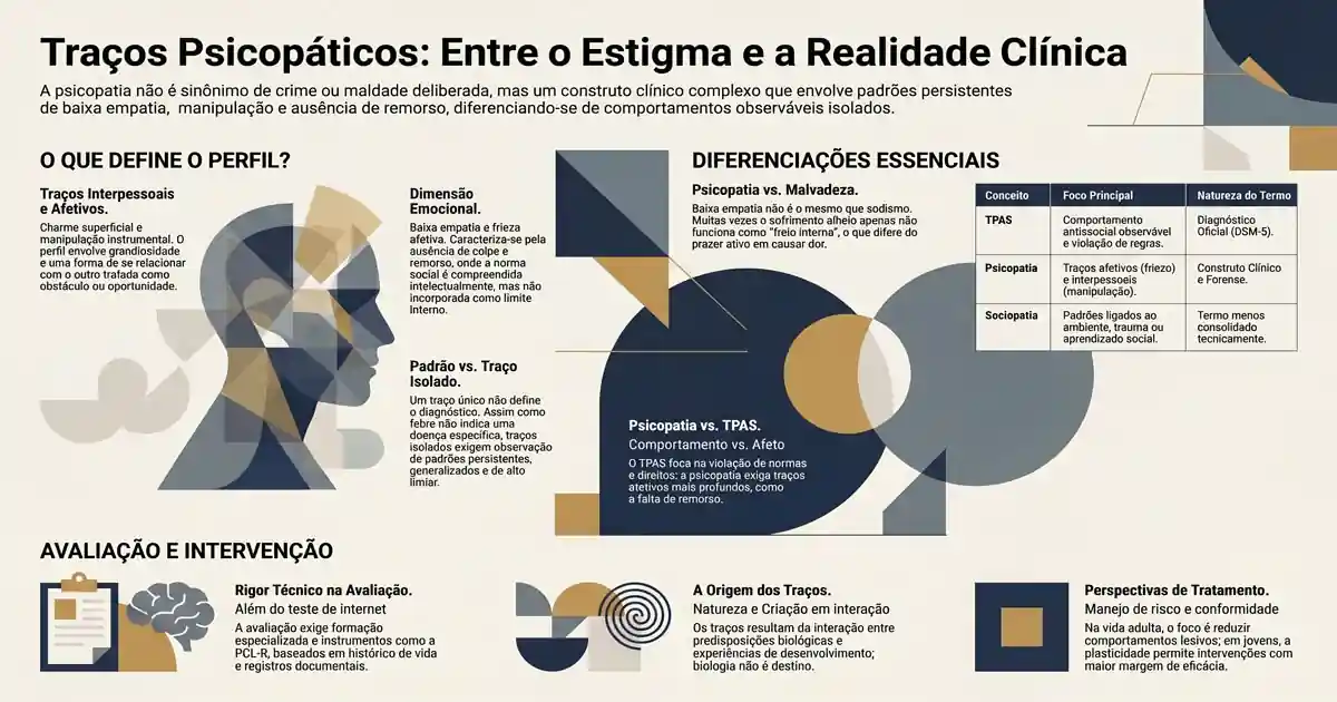 Infográfico sobre traços psicopáticos, estigma, realidade clínica, avaliação técnica, TPAS, sociopatia e perspectivas de tratamento.