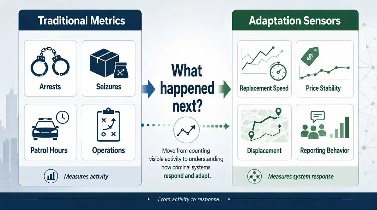 Infographic comparing traditional public security metrics with adaptation sensors that measure criminal system response.
