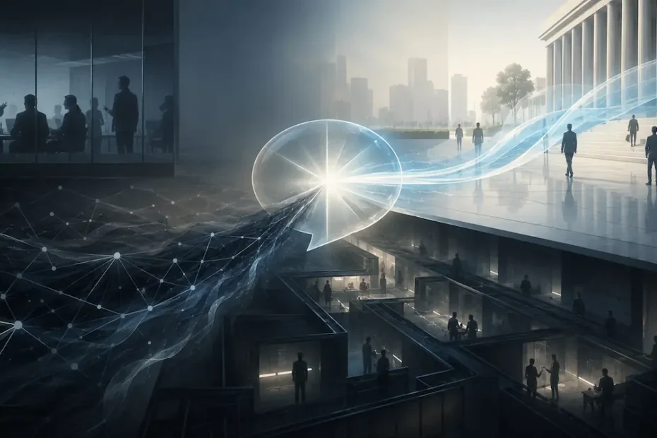 Imagem conceitual sobre instrumentalização da ambiguidade, com um símbolo luminoso de comunicação dividindo fluxos entre espaço público institucional e redes ocultas.