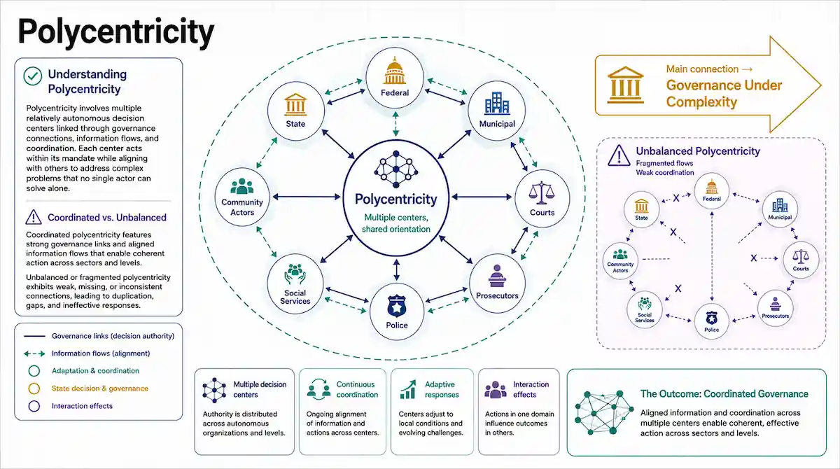 Polycentricity organizes multiple decision centers to coordinate information, responsibilities, and responses in public safety.