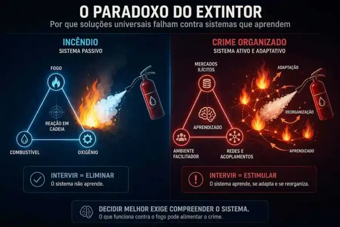 Segurança pública como sistema adaptativo ilustrada pelo paradoxo do extintor, comparando incêndio como sistema passivo e crime organizado como sistema ativo e adaptativo