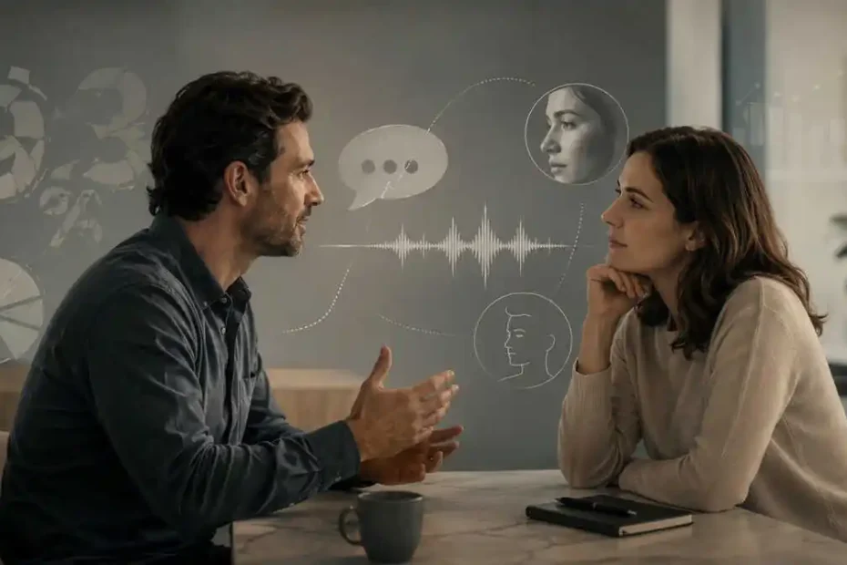Duas pessoas conversam enquanto elementos visuais representam palavras, tom de voz e expressão facial, questionando o mito dos 93% da comunicação.