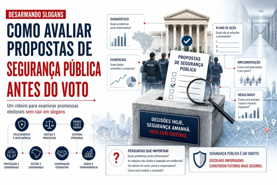 Imagem da série Desarmando Slogans sobre como avaliar propostas de segurança pública antes do voto, com urna, checklist e critérios de decisão.