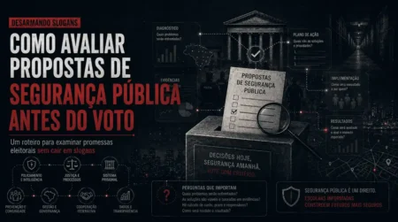 Imagem da série Desarmando Slogans sobre como avaliar propostas de segurança pública antes do voto, com urna, checklist e critérios de decisão.
