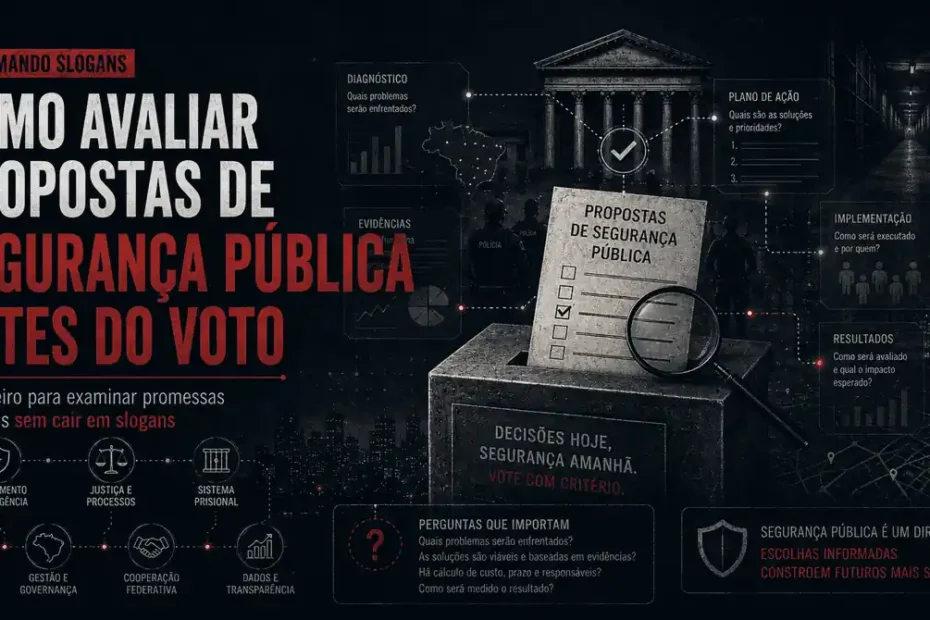 Imagem da série Desarmando Slogans sobre como avaliar propostas de segurança pública antes do voto, com urna, checklist e critérios de decisão.